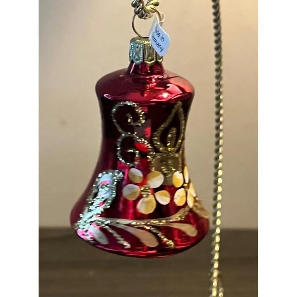 German Blown Glass Bell Christmas Ornament Red Gold Floral Glitter 2.5